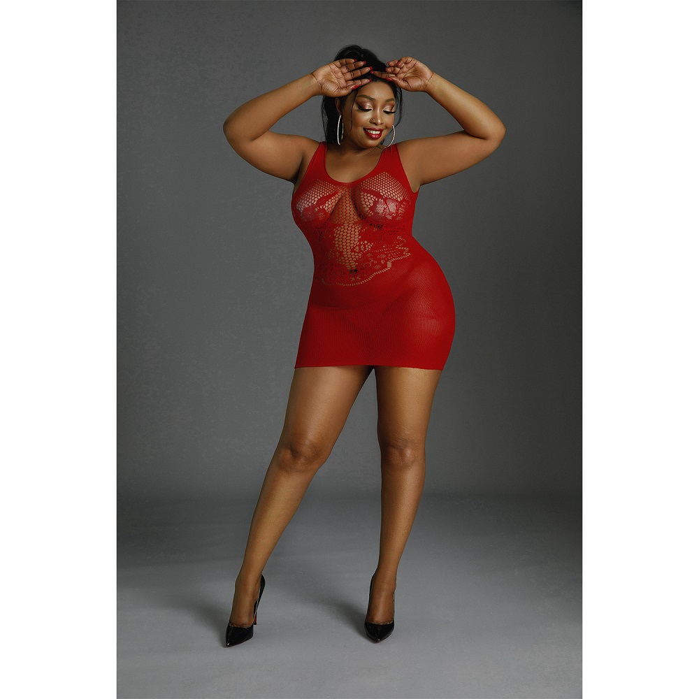 Moonlight Red Open Back Mini Dress Plus Size, in nylon