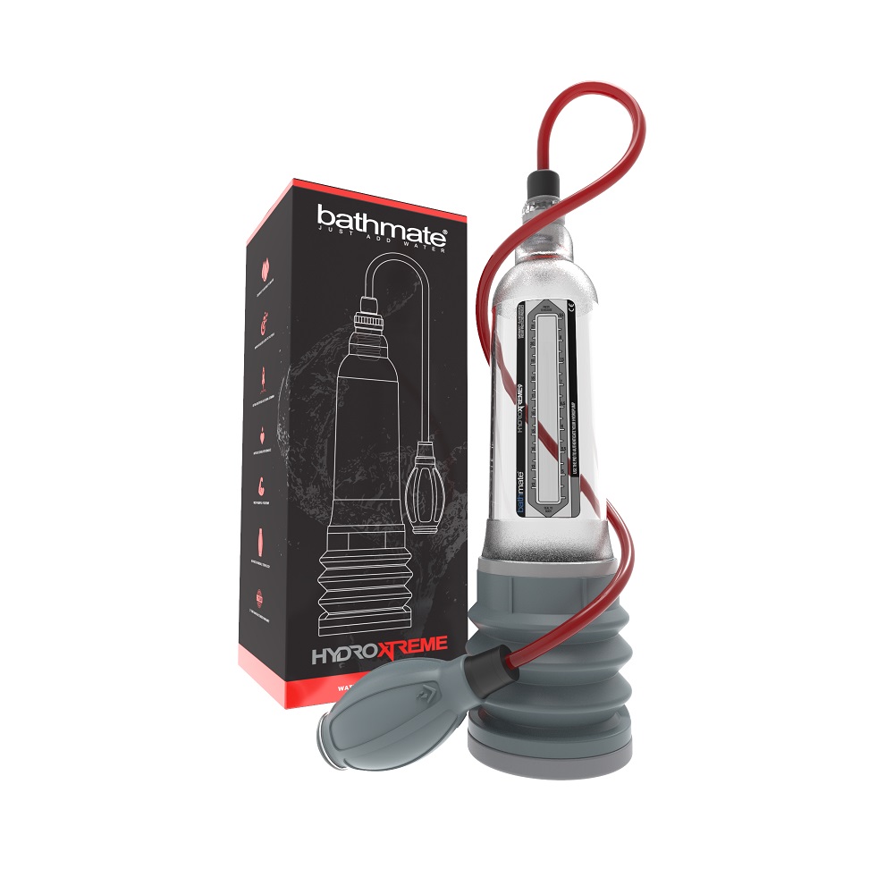 Bathmate Hydroxtreme 9 Penis Pump Clear, Clear cylindrical water-based penis pump with attached hand ball pump and connectin…