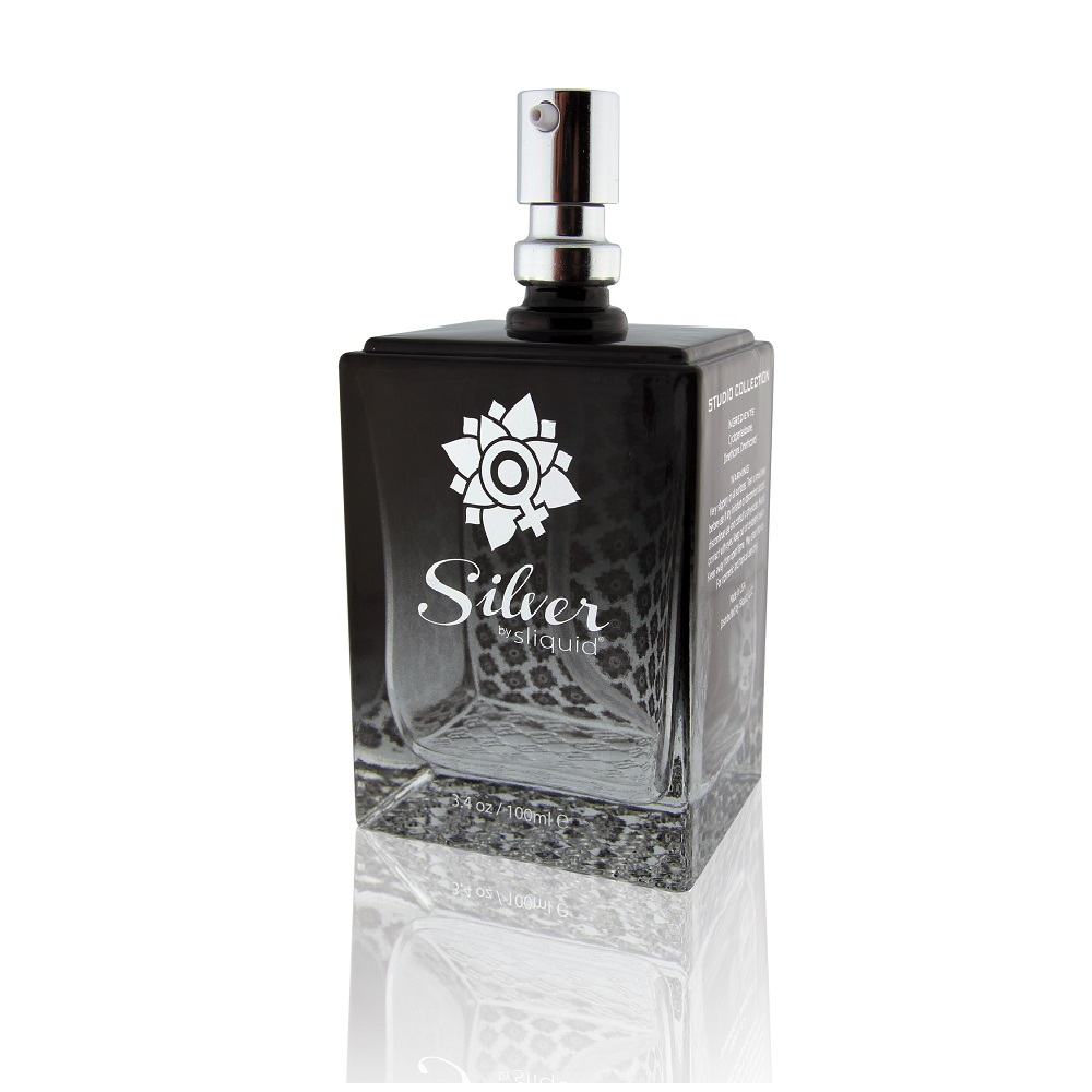 Sliquid Naturals Silver Studio Silicone Lubricant 100ml, Discreet clear glass bottle of silicone lubricant with a metered pu…