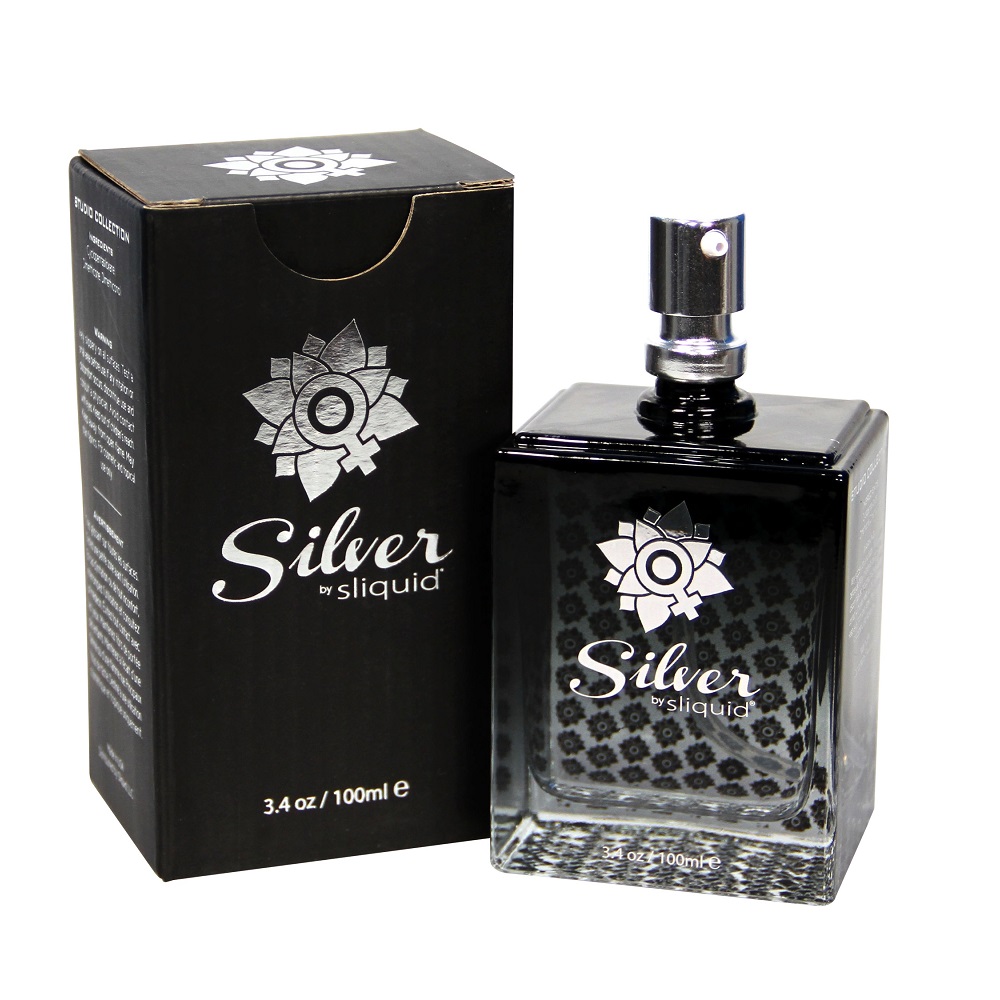 Sliquid Naturals Silver Studio Silicone Lubricant 100ml, Discreet clear glass bottle of silicone lubricant with a metered pu…