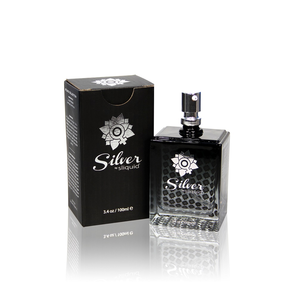 Sliquid Naturals Silver Studio Silicone Lubricant 100ml, Discreet clear glass bottle of silicone lubricant with a metered pu…