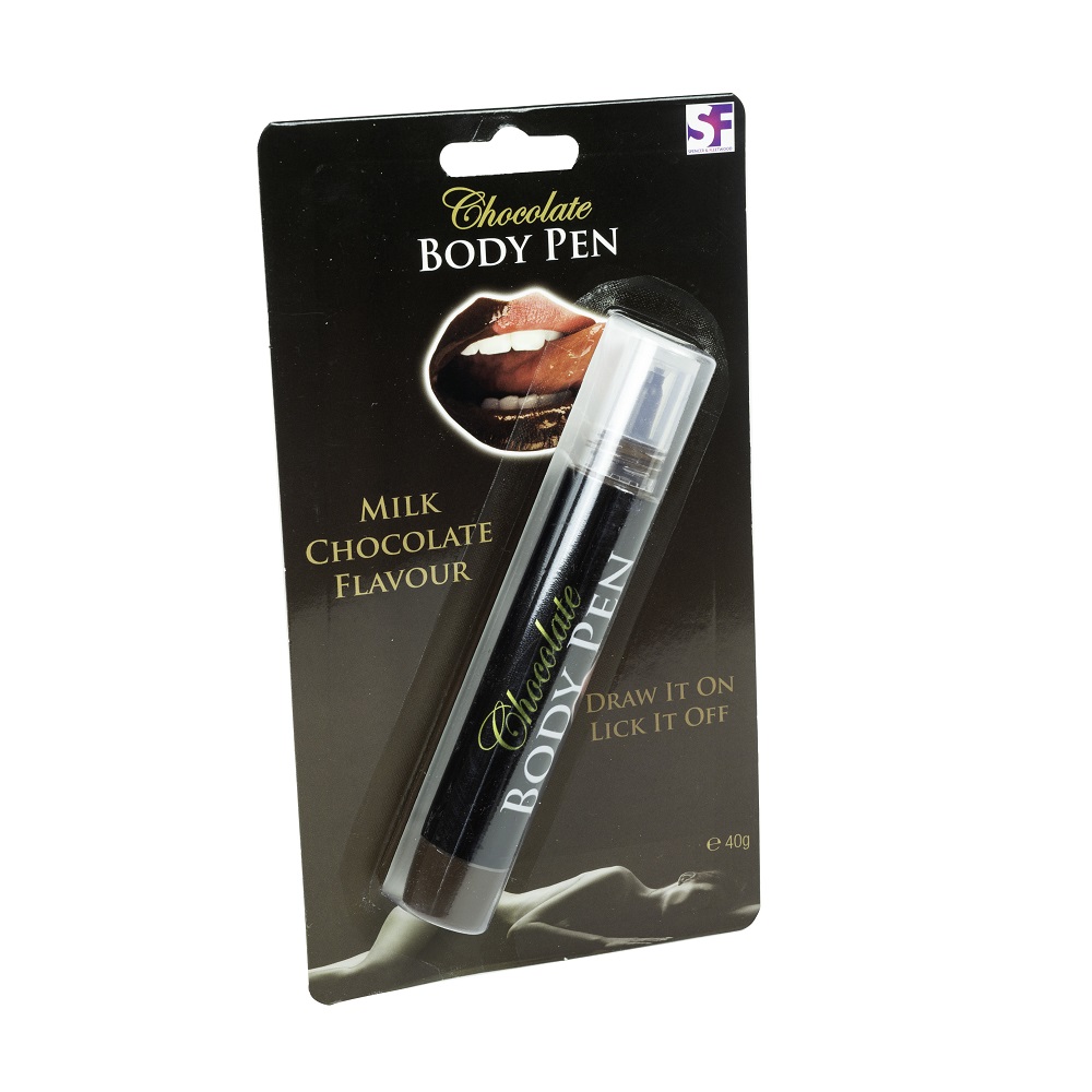 Chocolate Body Pen, in milk chocolate, shown from the back