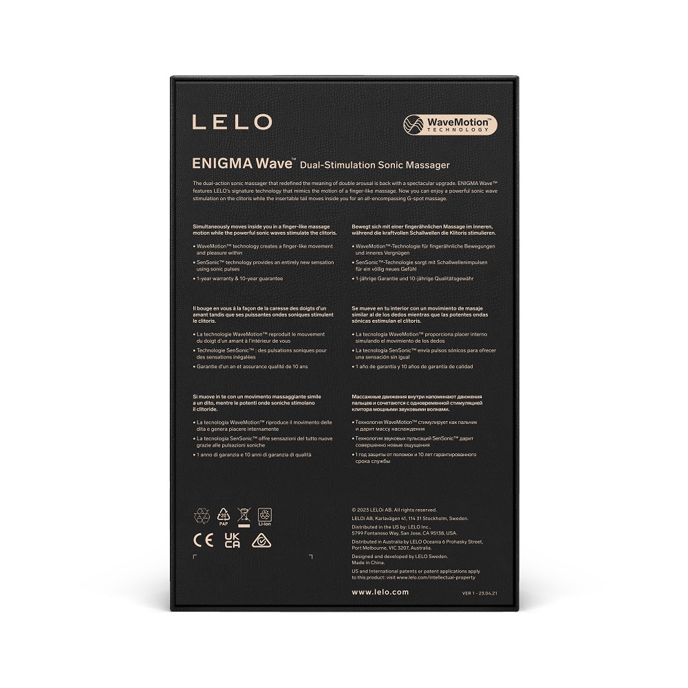 LELO Enigma Wave Dual Stimulation Sonic Massager Black, shown in its packaging