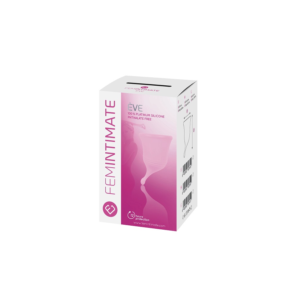 Femintimate Eve Menstrual Cup with Curved Stem Small, shown from the back