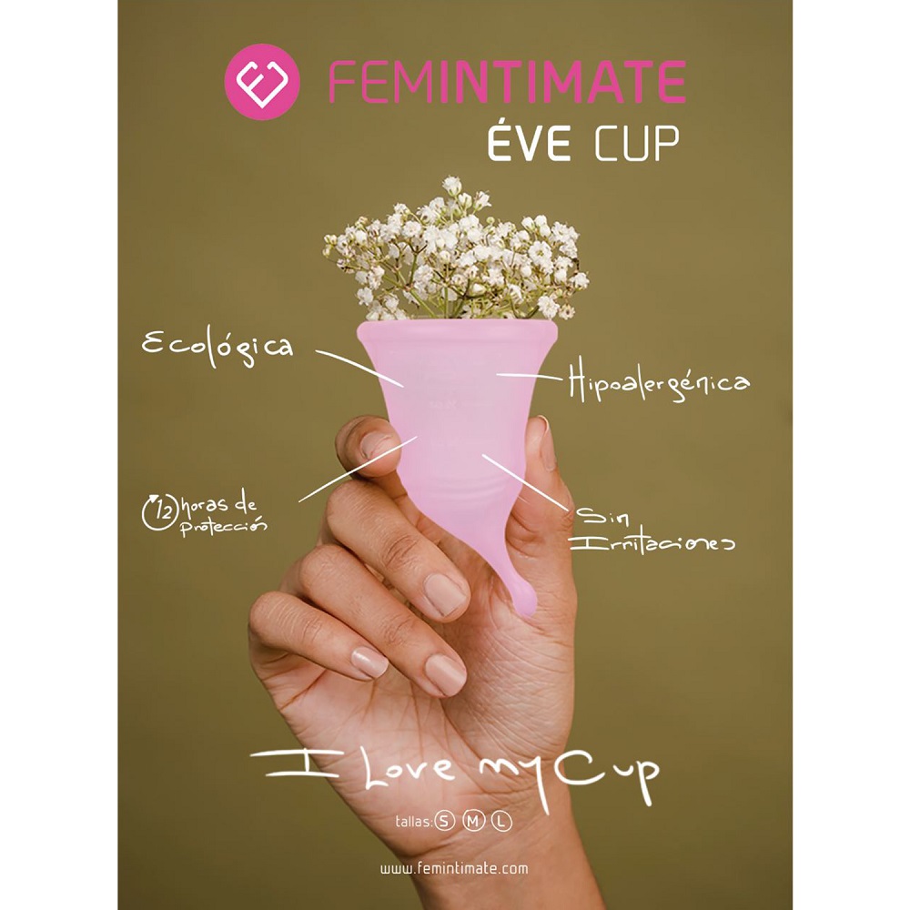 Femintimate Eve Menstrual Cup with Curved Stem Small, shown from the side