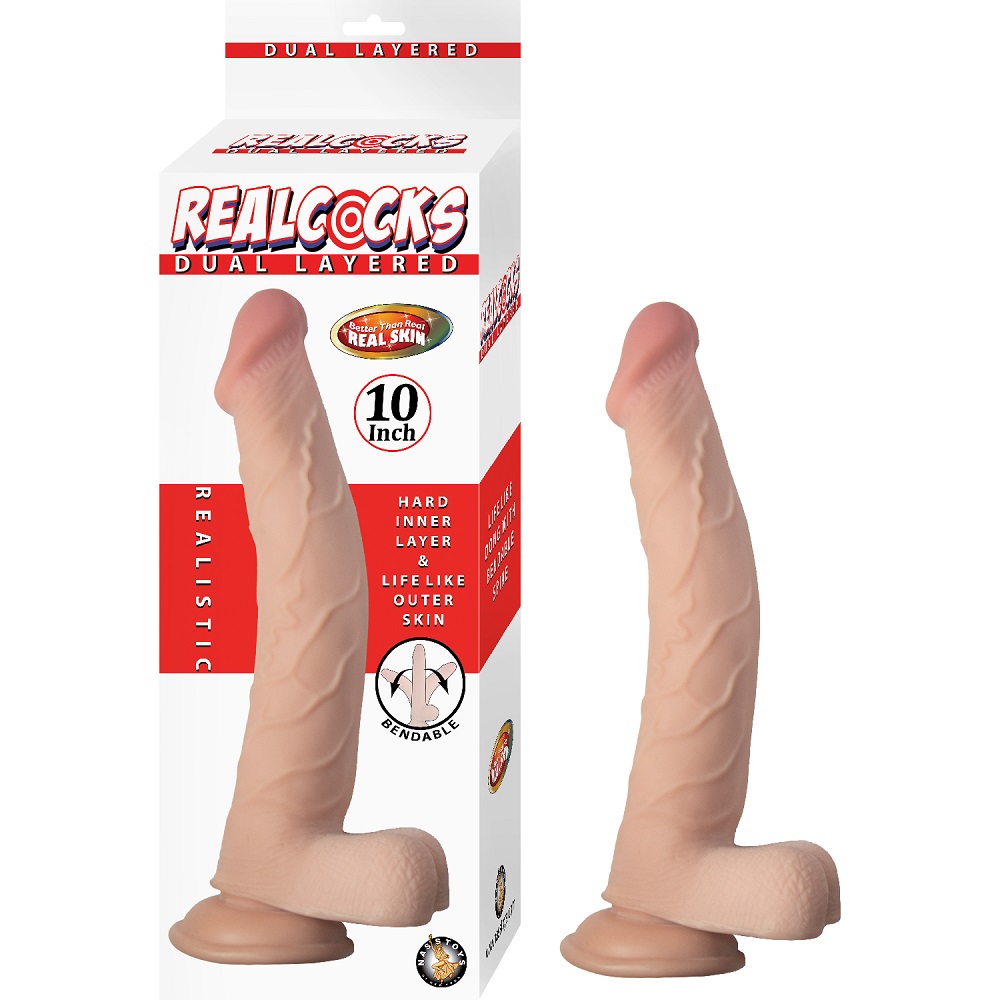 RealCocks Dual Layer Bendable Dildo 10 Inch Vanilla, Vanilla flesh-tone realistic dildo with veined straight shaft, pronounc…