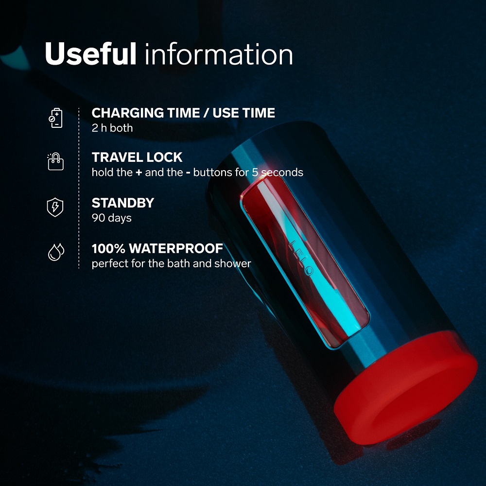 LELO F1S V3 AI Interactive Male Masturbator Blue, Blue cylindrical male masturbator with a control button panel and textured…