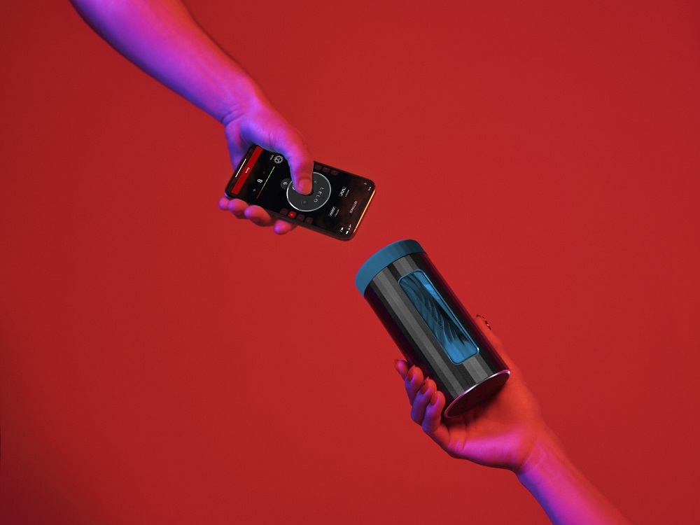 LELO F1S V3 AI Interactive Male Masturbator Blue, Blue cylindrical male masturbator with a control button panel and textured…