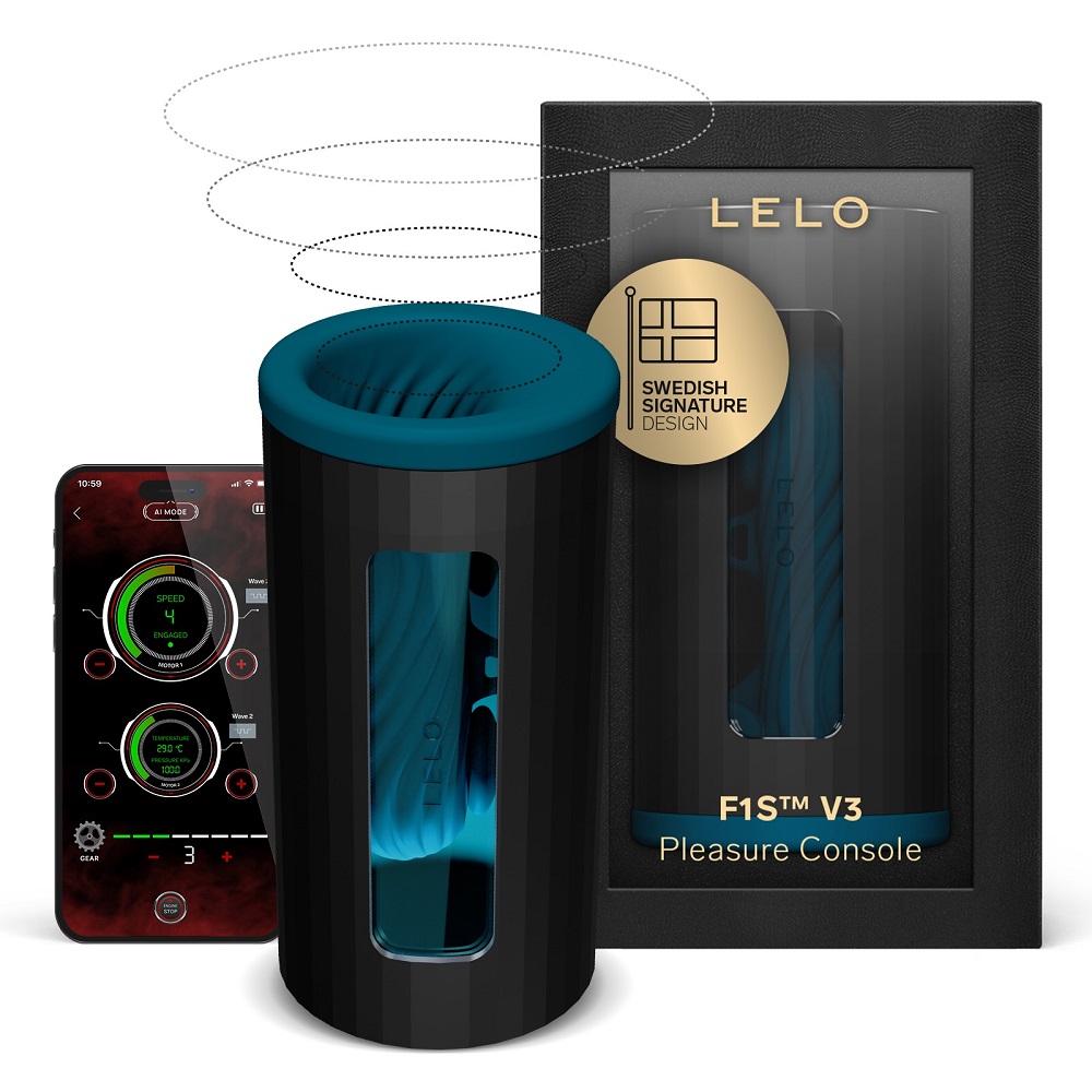 LELO F1S V3 AI Interactive Male Masturbator Blue, Blue cylindrical male masturbator with a control button panel and textured…