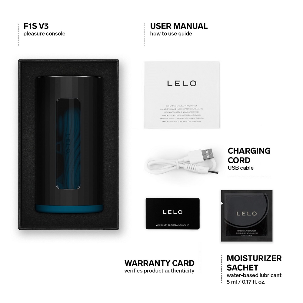 LELO F1S V3 AI Interactive Male Masturbator Blue, Blue cylindrical male masturbator with a control button panel and textured…