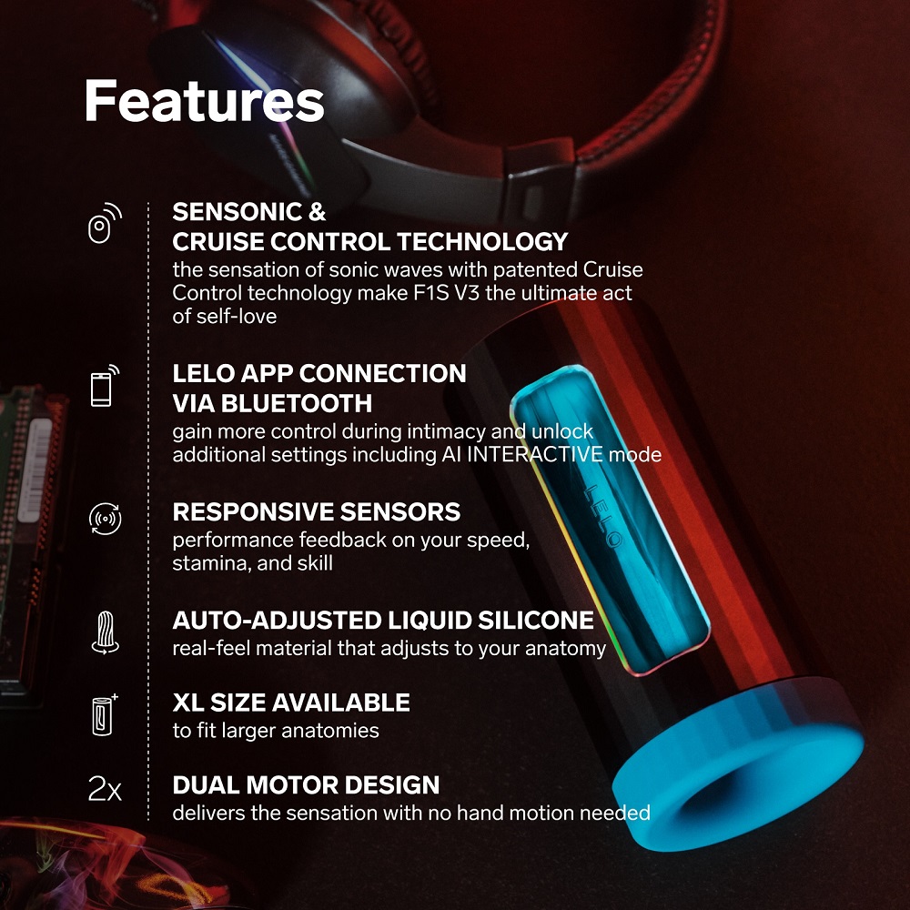 LELO F1S V3 AI Interactive Male Masturbator Blue, Blue cylindrical male masturbator with a control button panel and textured…