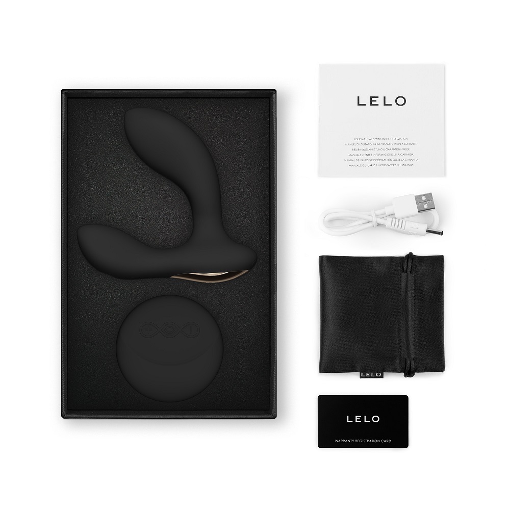 LELO Hugo 2 Remote Controlled Prostate Massager Black, Black curved prostate massager with a flared base, shown with a match…