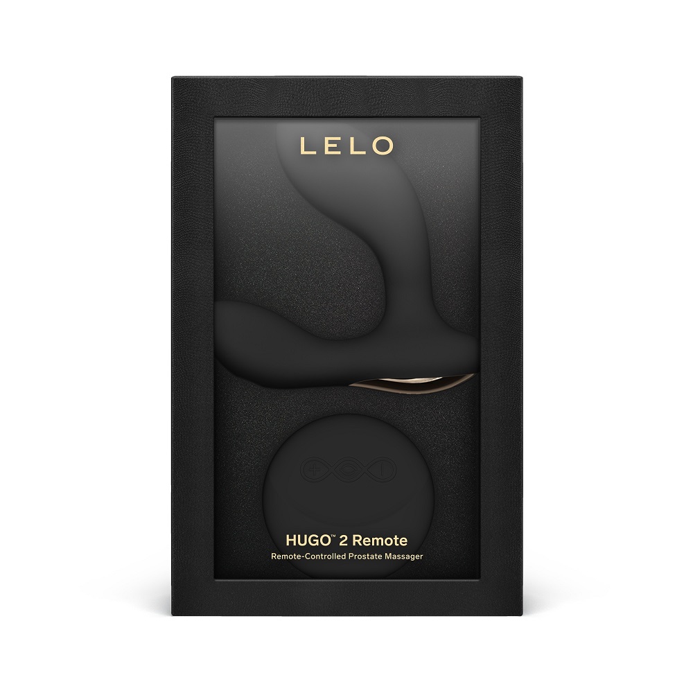 LELO Hugo 2 Remote Controlled Prostate Massager Black, Black curved prostate massager with a flared base, shown with a match…