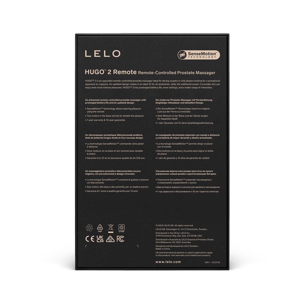 LELO Hugo 2 Remote Controlled Prostate Massager Black, Black curved prostate massager with a flared base, shown with a match…