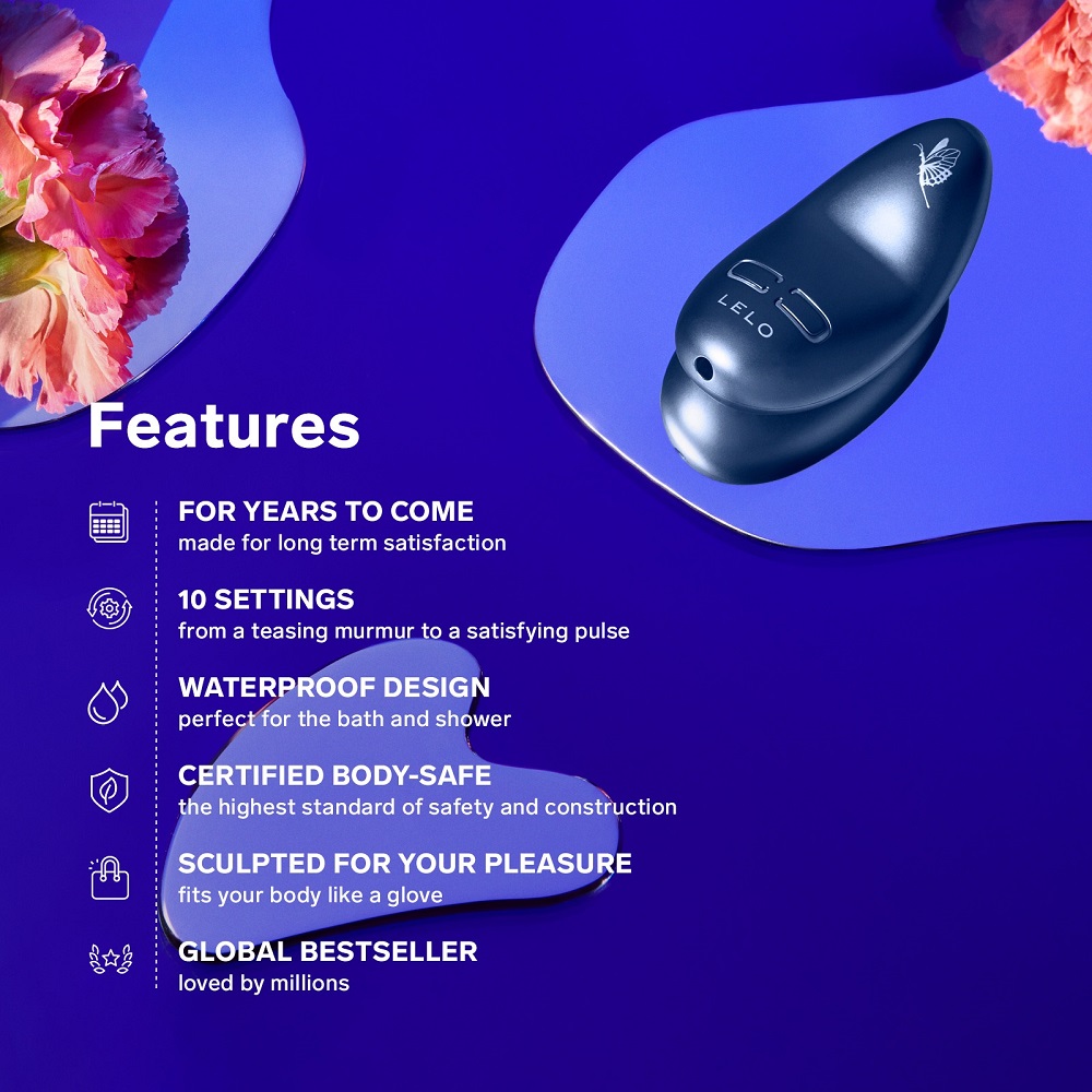 LELO Nea 3 Clitoral Massager Black, Petite black clitoral massager with a small rounded body and signature floral design