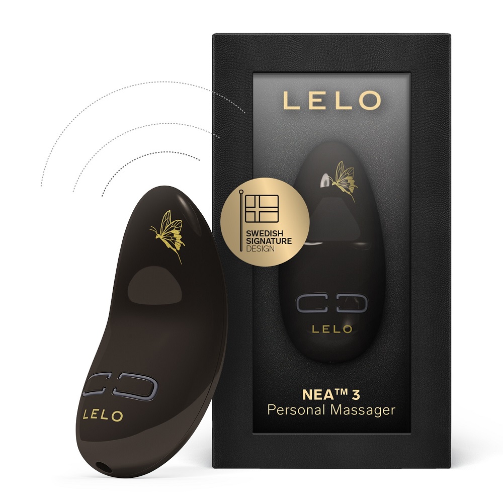 LELO Nea 3 Clitoral Massager Black, Petite black clitoral massager with a small rounded body and signature floral design