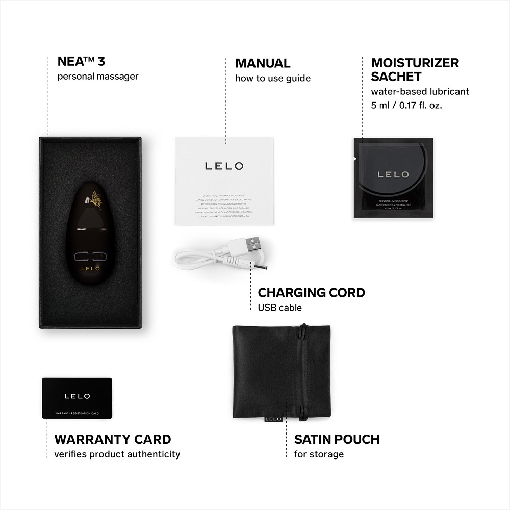 LELO Nea 3 Clitoral Massager Black, Petite black clitoral massager with a small rounded body and signature floral design