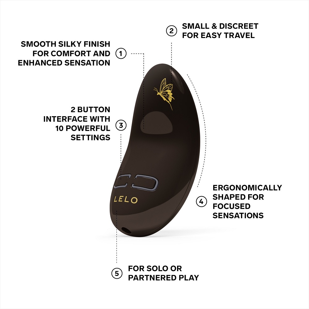 LELO Nea 3 Clitoral Massager Black, Petite black clitoral massager with a small rounded body and signature floral design
