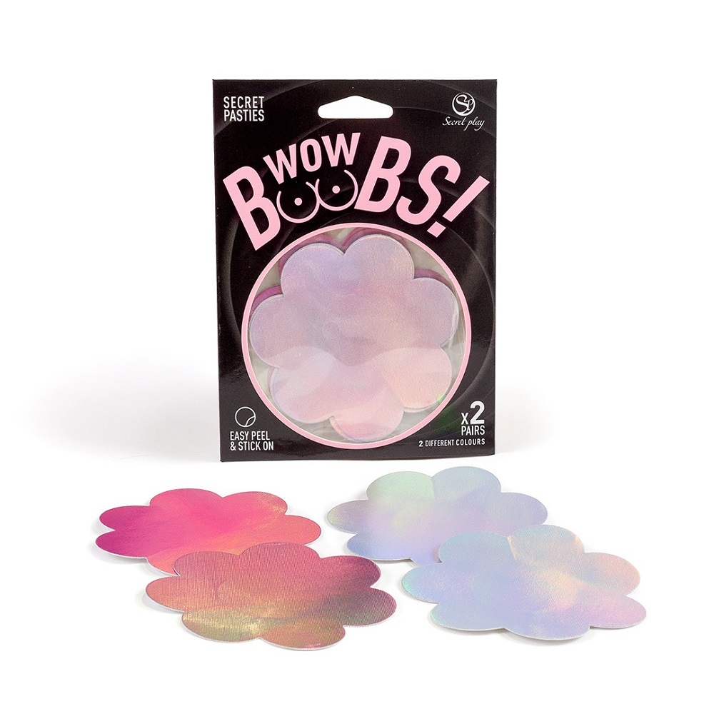Wow Boobs! Flower Nipple Pasties, Flower-shaped nipple pasties in holographic silver and pink, two matching pairs