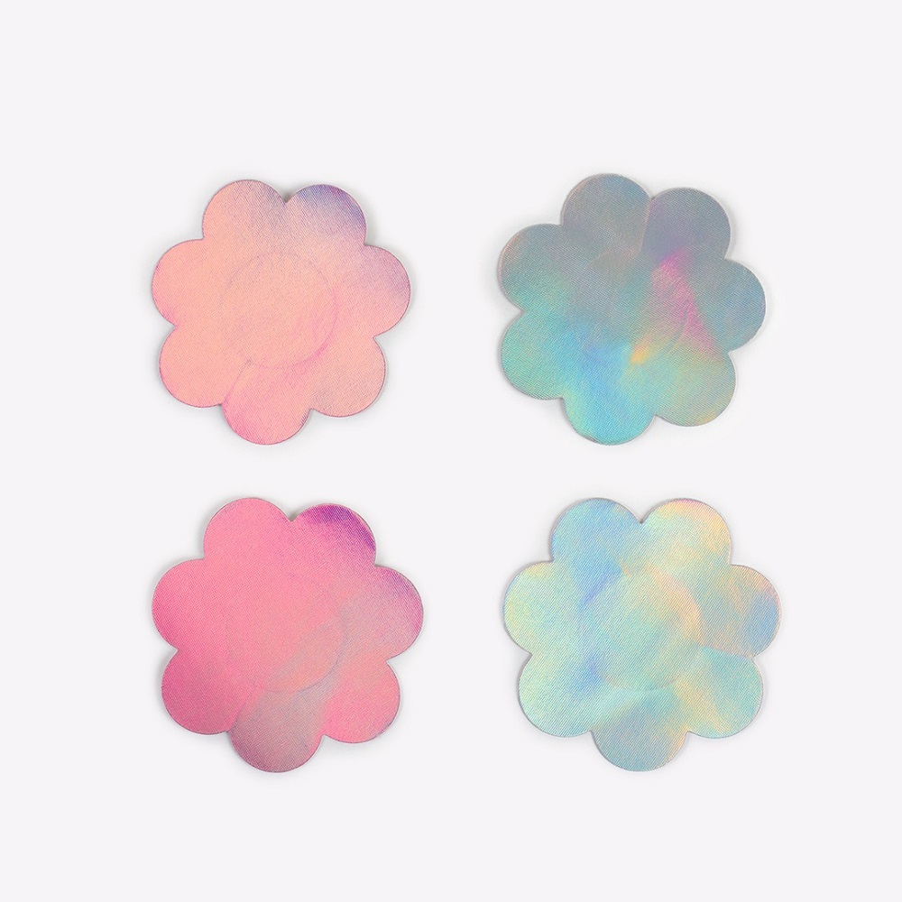 Wow Boobs! Flower Nipple Pasties, Flower-shaped nipple pasties in holographic silver and pink, two matching pairs