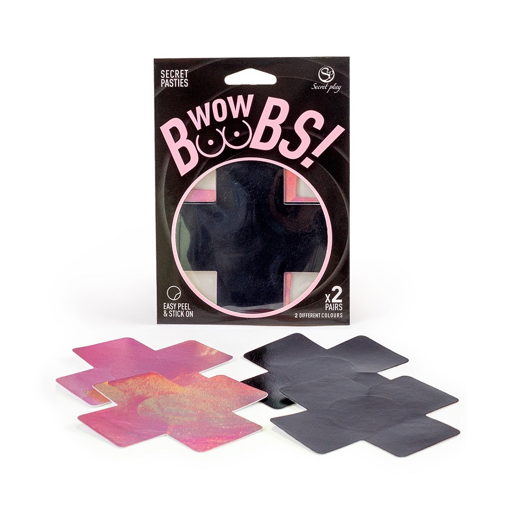 Wow Boobs! Cross Nipple Pasties, Cross-shaped nipple pasties with a shimmering holographic finish, in black and pink