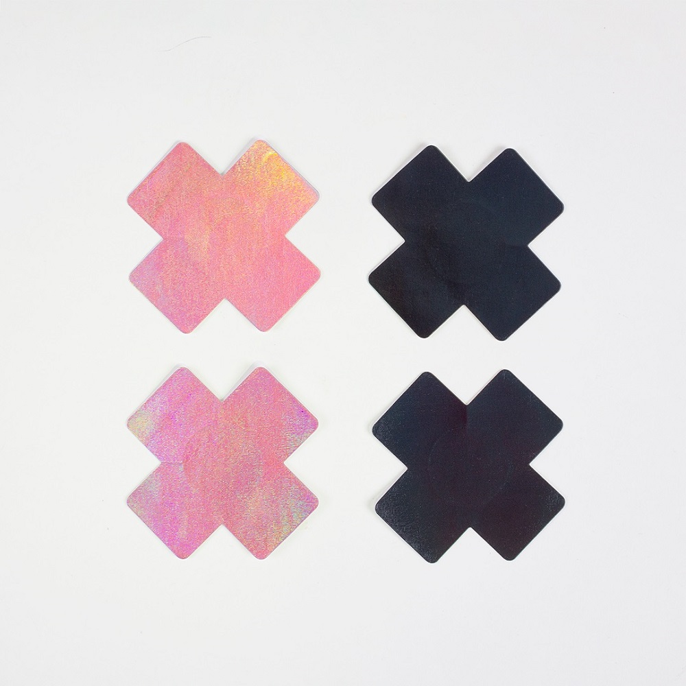 Wow Boobs! Cross Nipple Pasties, Cross-shaped nipple pasties with a shimmering holographic finish, in black and pink