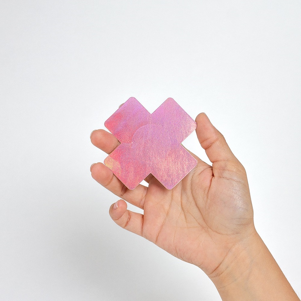 Wow Boobs! Cross Nipple Pasties, Cross-shaped nipple pasties with a shimmering holographic finish, in black and pink