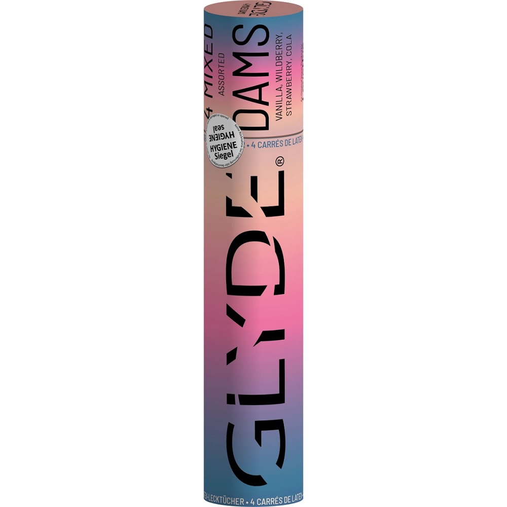 Glyde Vegan Dams Mixed Flavour 4 Pack, Pack of four thin square latex dental dams in mixed flavours