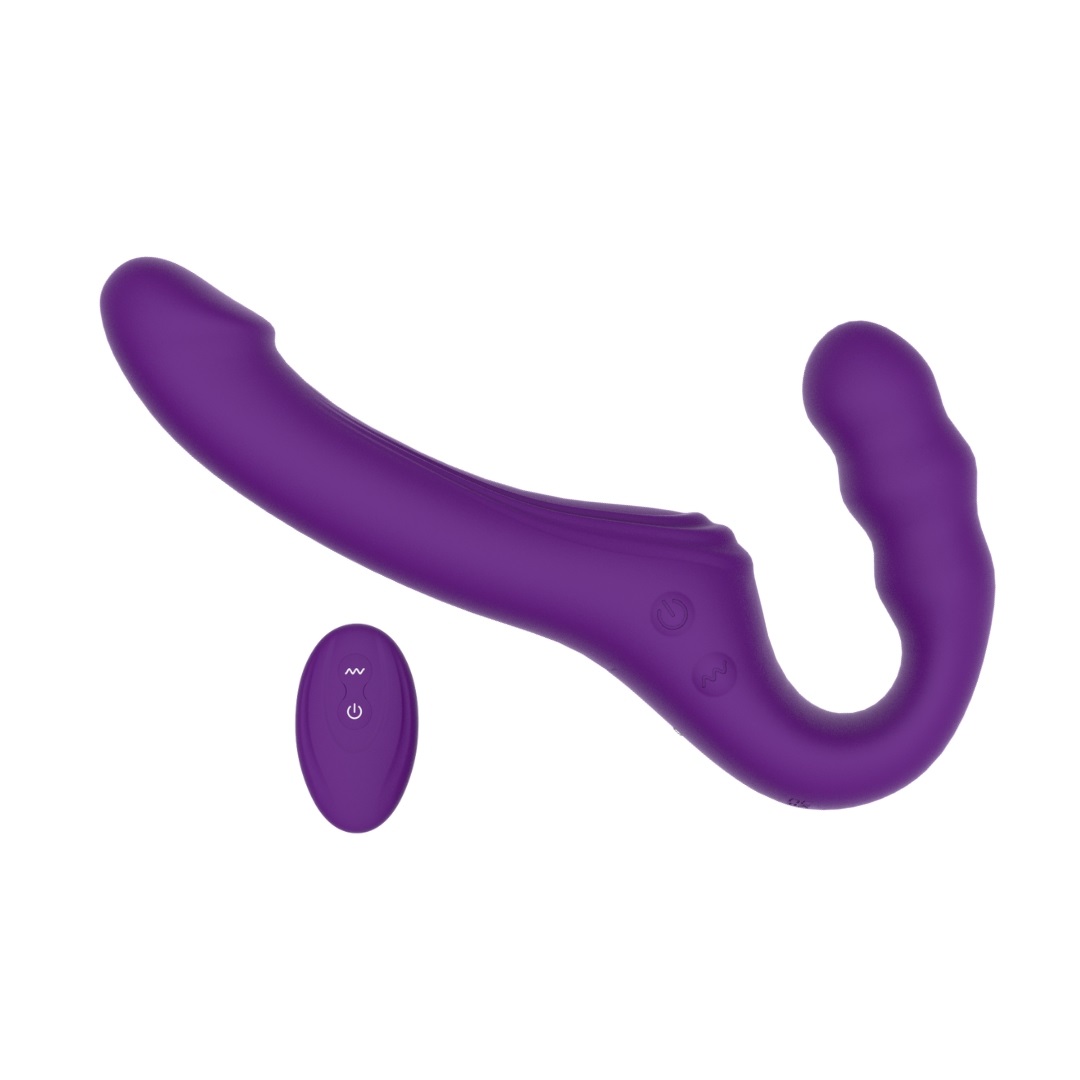 Mina Echo Remote Vibrating Strapless Strap On, Curved strapless strap-on vibrator with a smooth silicone shaft and rounded i…