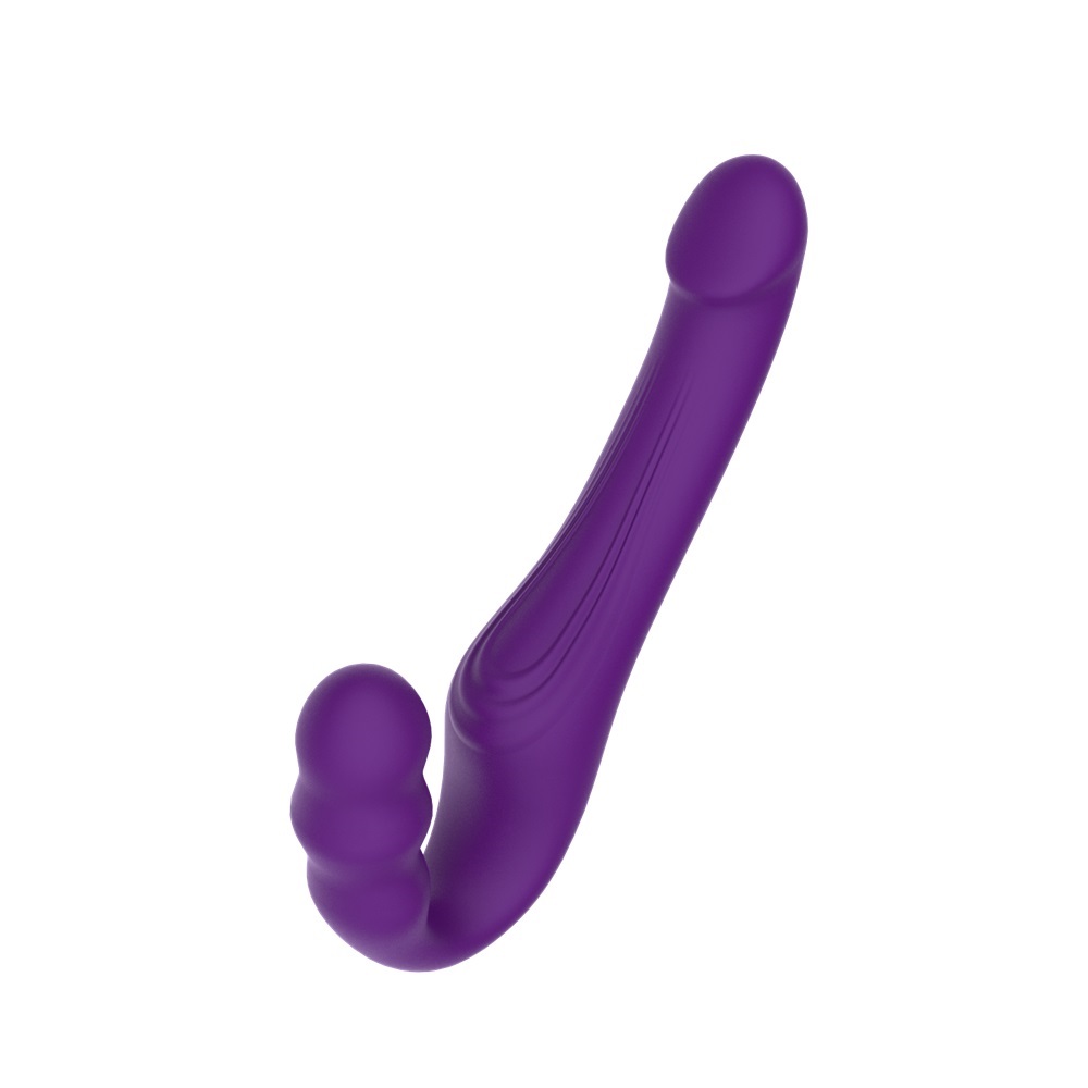 Mina Echo Remote Vibrating Strapless Strap On, Curved strapless strap-on vibrator with a smooth silicone shaft and rounded i…