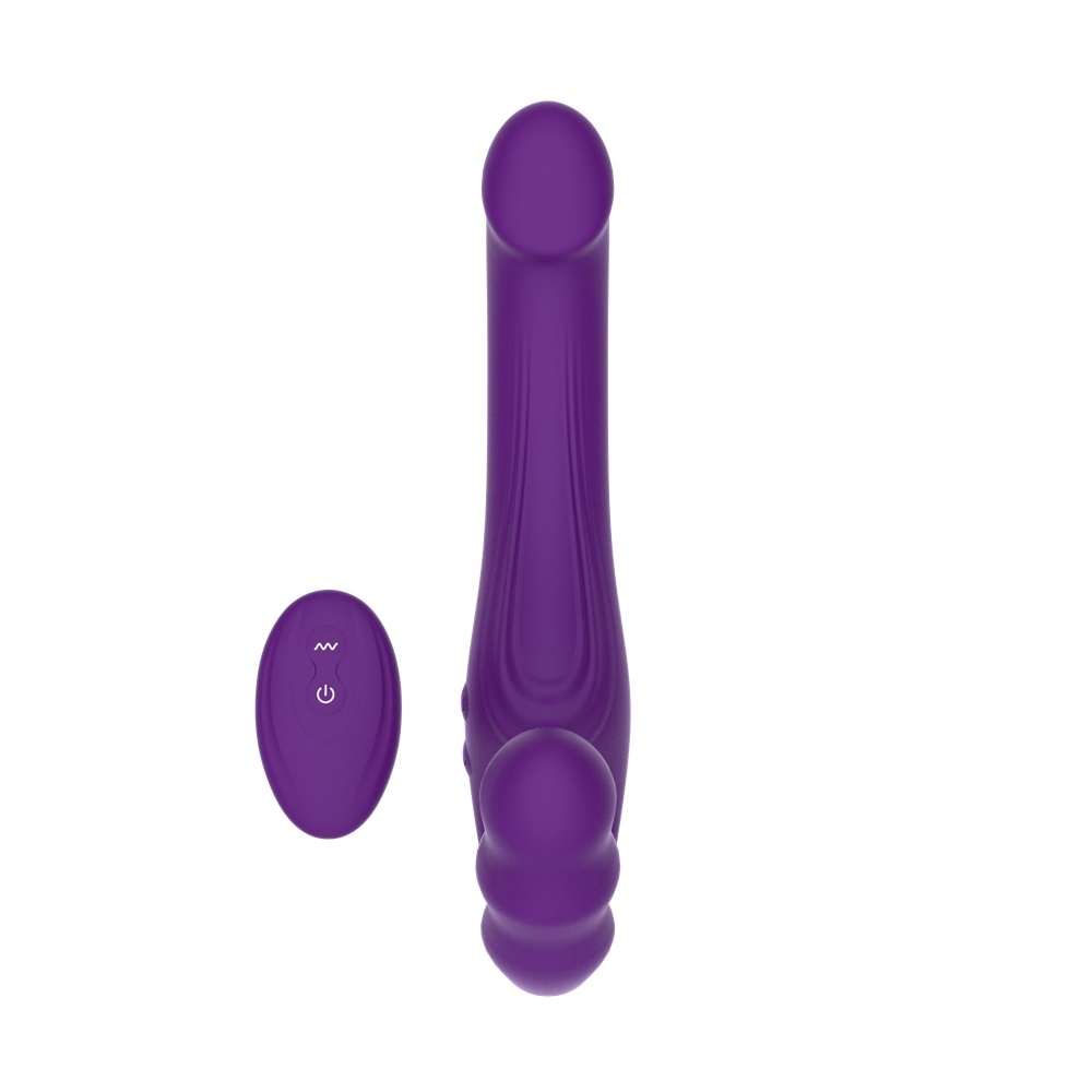 Mina Echo Remote Vibrating Strapless Strap On, Curved strapless strap-on vibrator with a smooth silicone shaft and rounded i…