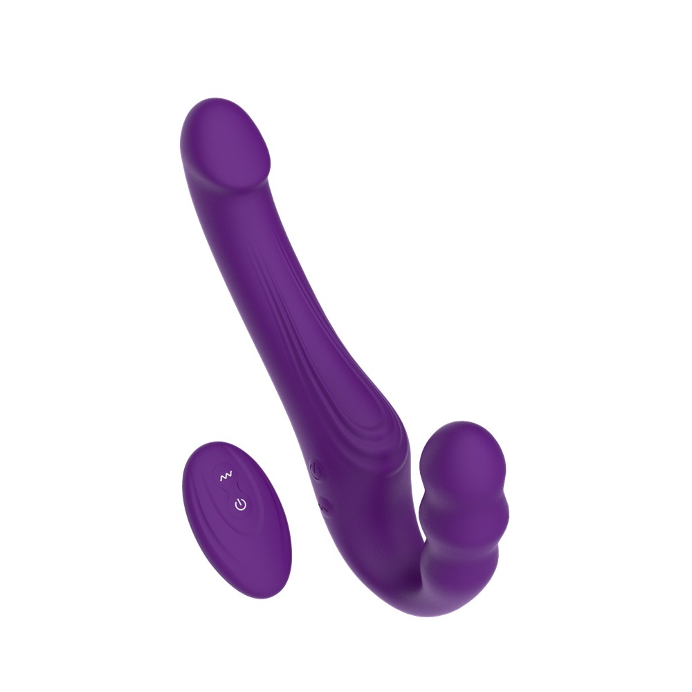 Mina Echo Remote Vibrating Strapless Strap On, Curved strapless strap-on vibrator with a smooth silicone shaft and rounded i…