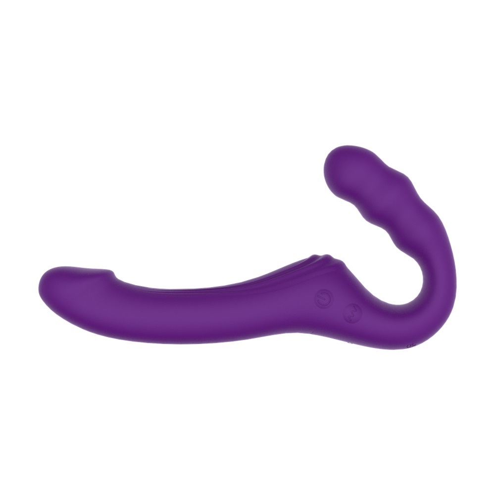 Mina Echo Remote Vibrating Strapless Strap On, Curved strapless strap-on vibrator with a smooth silicone shaft and rounded i…