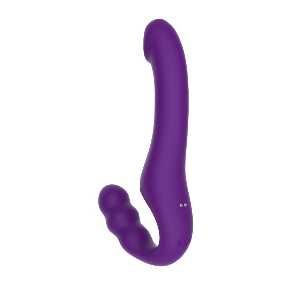 Mina Echo Remote Vibrating Strapless Strap On, Curved strapless strap-on vibrator with a smooth silicone shaft and rounded i…