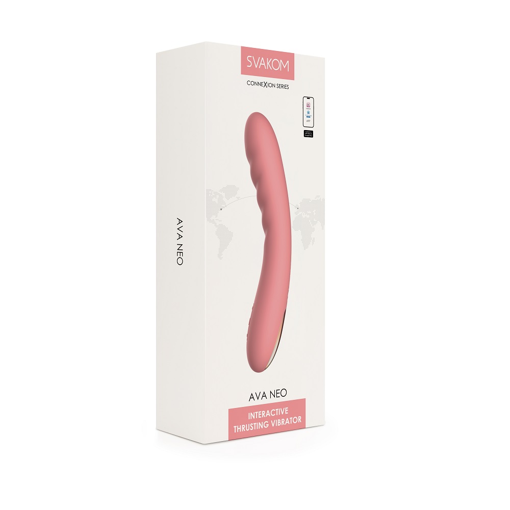 Svakom Ava Neo Interactive Thrusting Vibrator Pink, Pink G-spot vibrator with cushioned head and gently ribbed curved shaft
