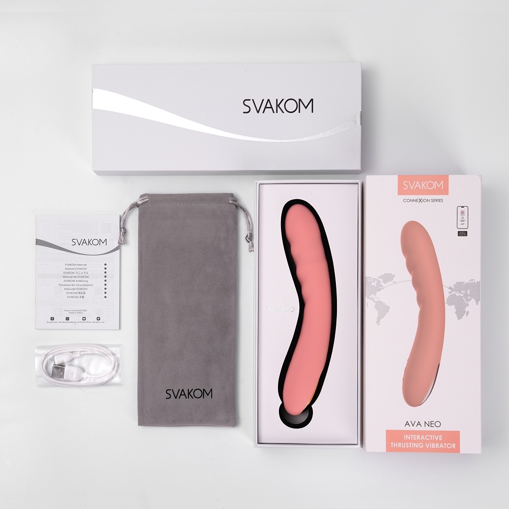 Svakom Ava Neo Interactive Thrusting Vibrator Pink, Pink G-spot vibrator with cushioned head and gently ribbed curved shaft