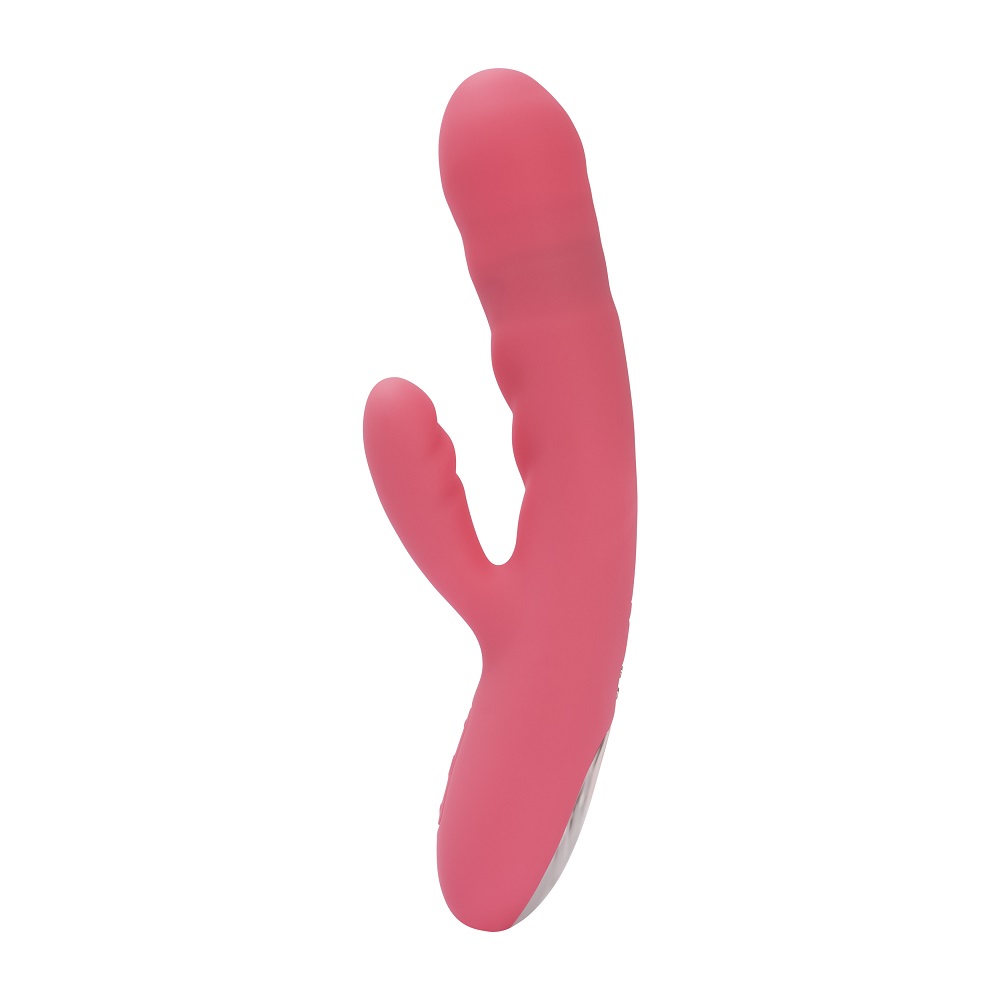 Svakom Avery Thrusting Vibrator with Clitoral Stimulator Pink, Pink rabbit-style vibrator with a thrusting shaft and a curve…