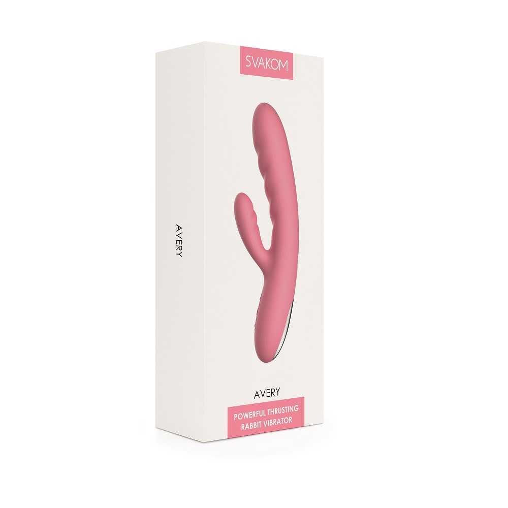 Svakom Avery Thrusting Vibrator with Clitoral Stimulator Pink, Pink rabbit-style vibrator with a thrusting shaft and a curve…