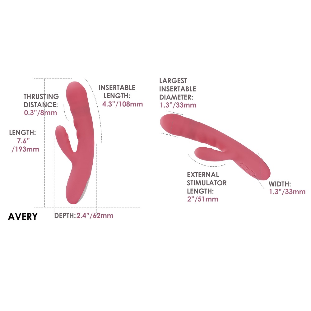 Svakom Avery Thrusting Vibrator with Clitoral Stimulator Pink, Pink rabbit-style vibrator with a thrusting shaft and a curve…