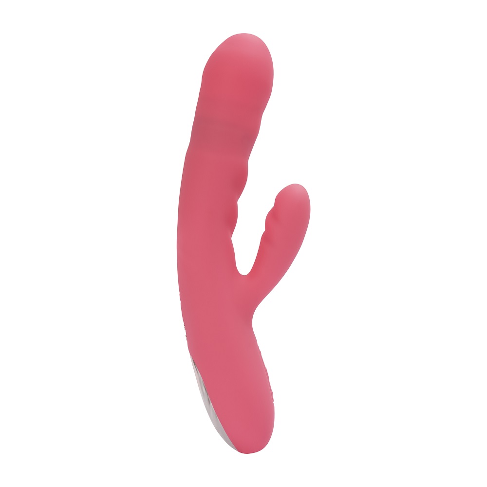 Svakom Avery Thrusting Vibrator with Clitoral Stimulator Pink, Pink rabbit-style vibrator with a thrusting shaft and a curve…