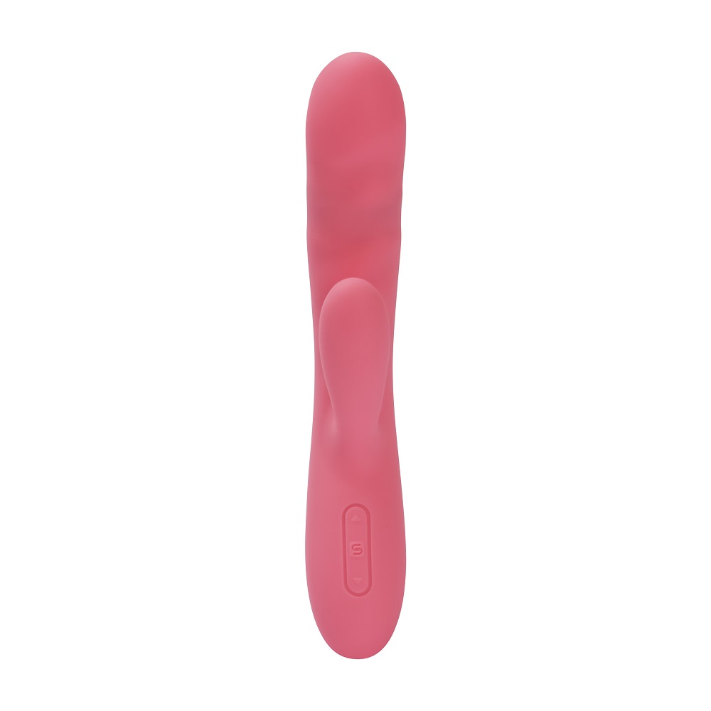 Svakom Avery Thrusting Vibrator with Clitoral Stimulator Pink, Pink rabbit-style vibrator with a thrusting shaft and a curve…