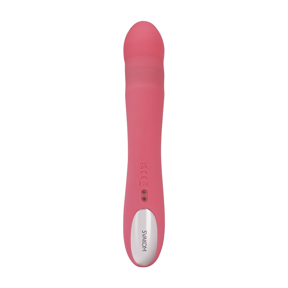 Svakom Avery Thrusting Vibrator with Clitoral Stimulator Pink, Pink rabbit-style vibrator with a thrusting shaft and a curve…