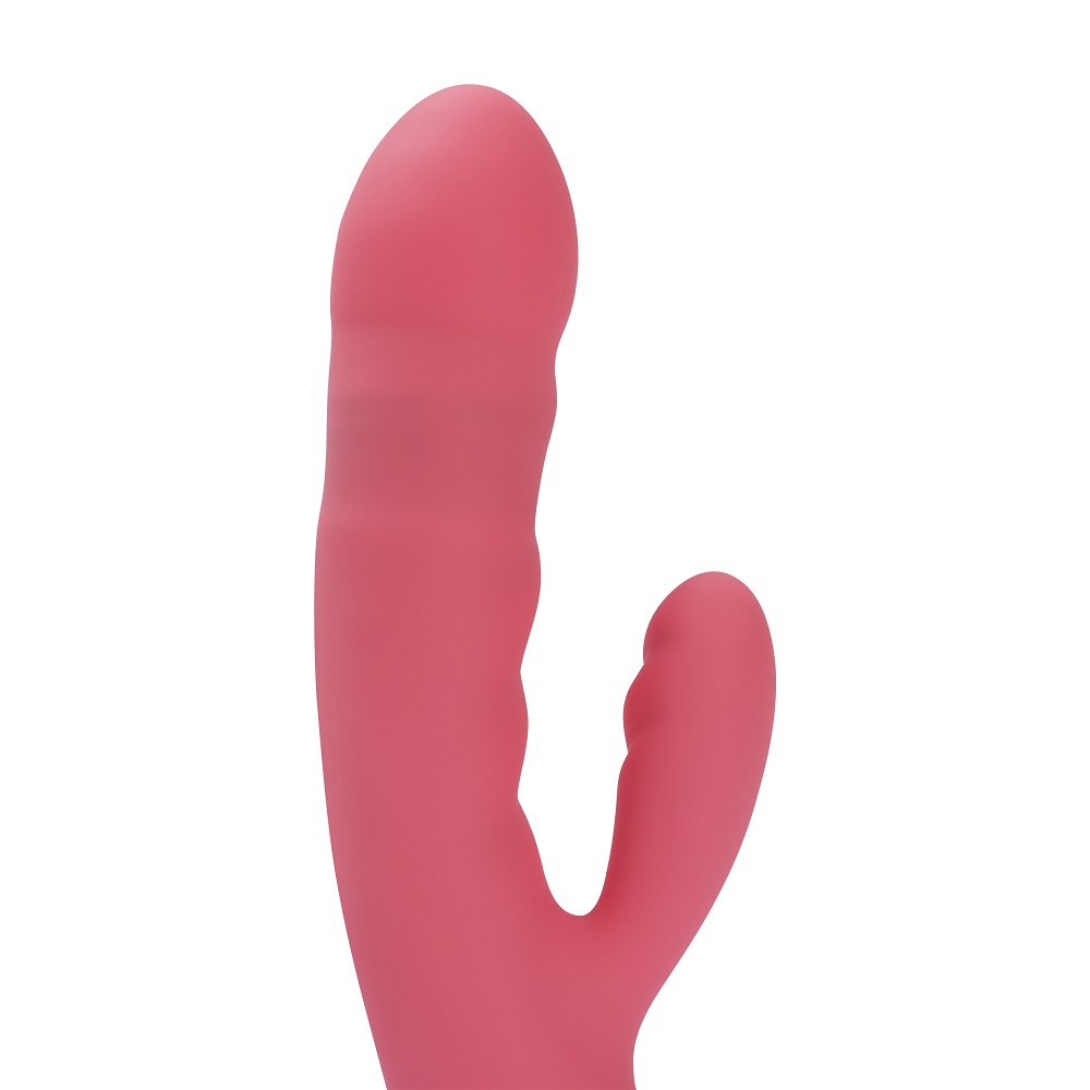 Svakom Avery Thrusting Vibrator with Clitoral Stimulator Pink, Pink rabbit-style vibrator with a thrusting shaft and a curve…