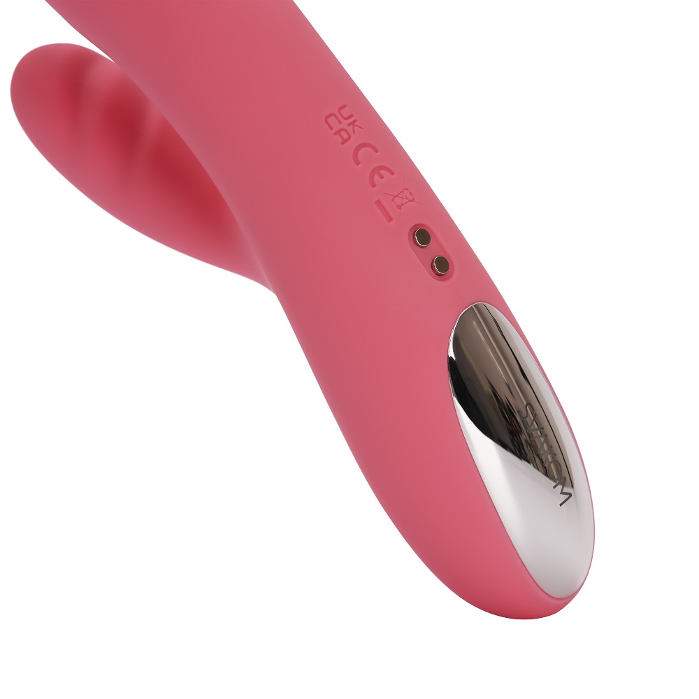 Svakom Avery Thrusting Vibrator with Clitoral Stimulator Pink, Pink rabbit-style vibrator with a thrusting shaft and a curve…