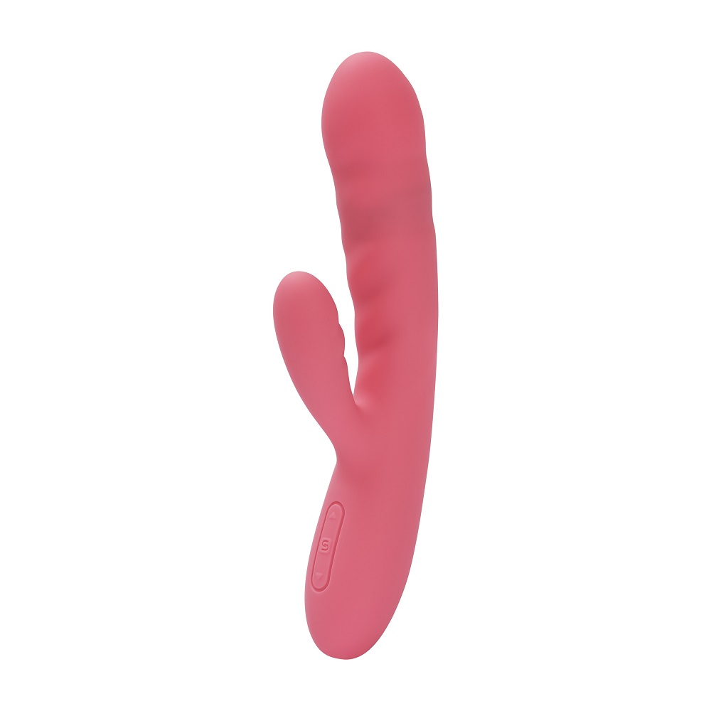 Svakom Avery Thrusting Vibrator with Clitoral Stimulator Pink, Pink rabbit-style vibrator with a thrusting shaft and a curve…
