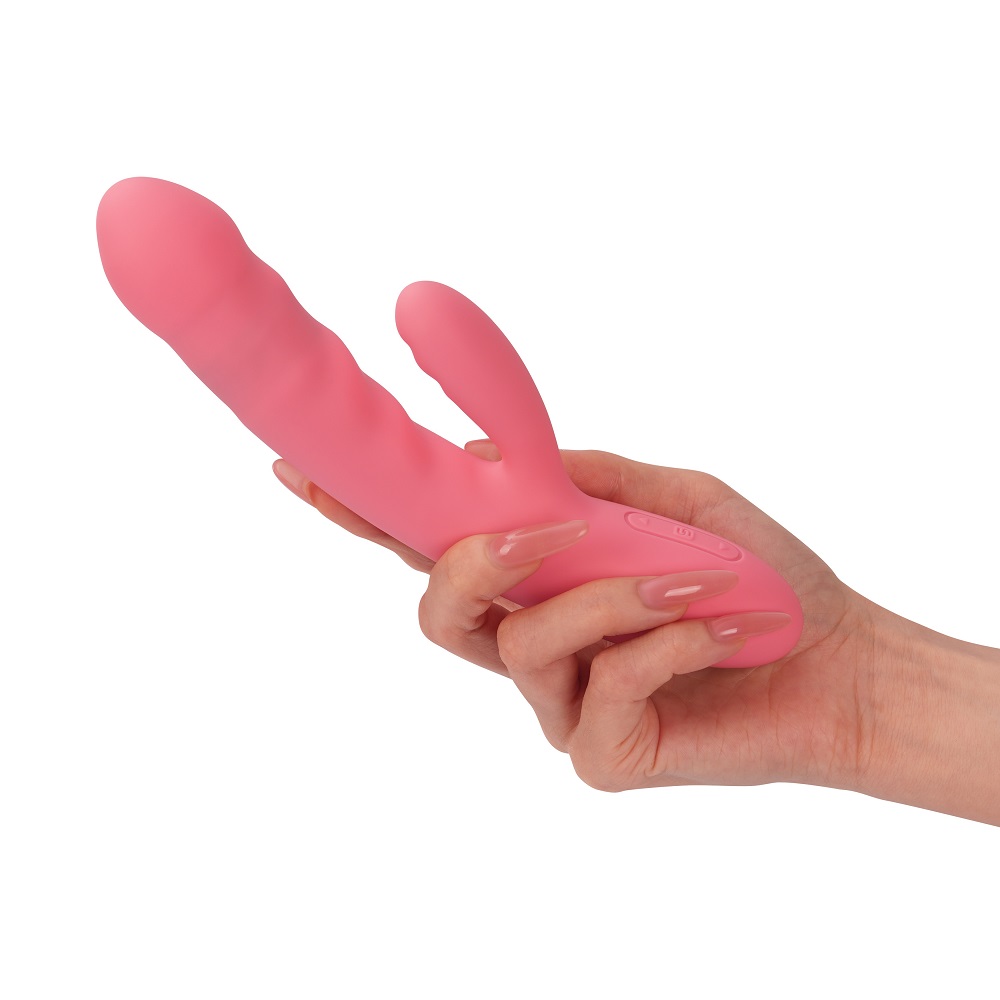 Svakom Avery Thrusting Vibrator with Clitoral Stimulator Pink, Pink rabbit-style vibrator with a thrusting shaft and a curve…