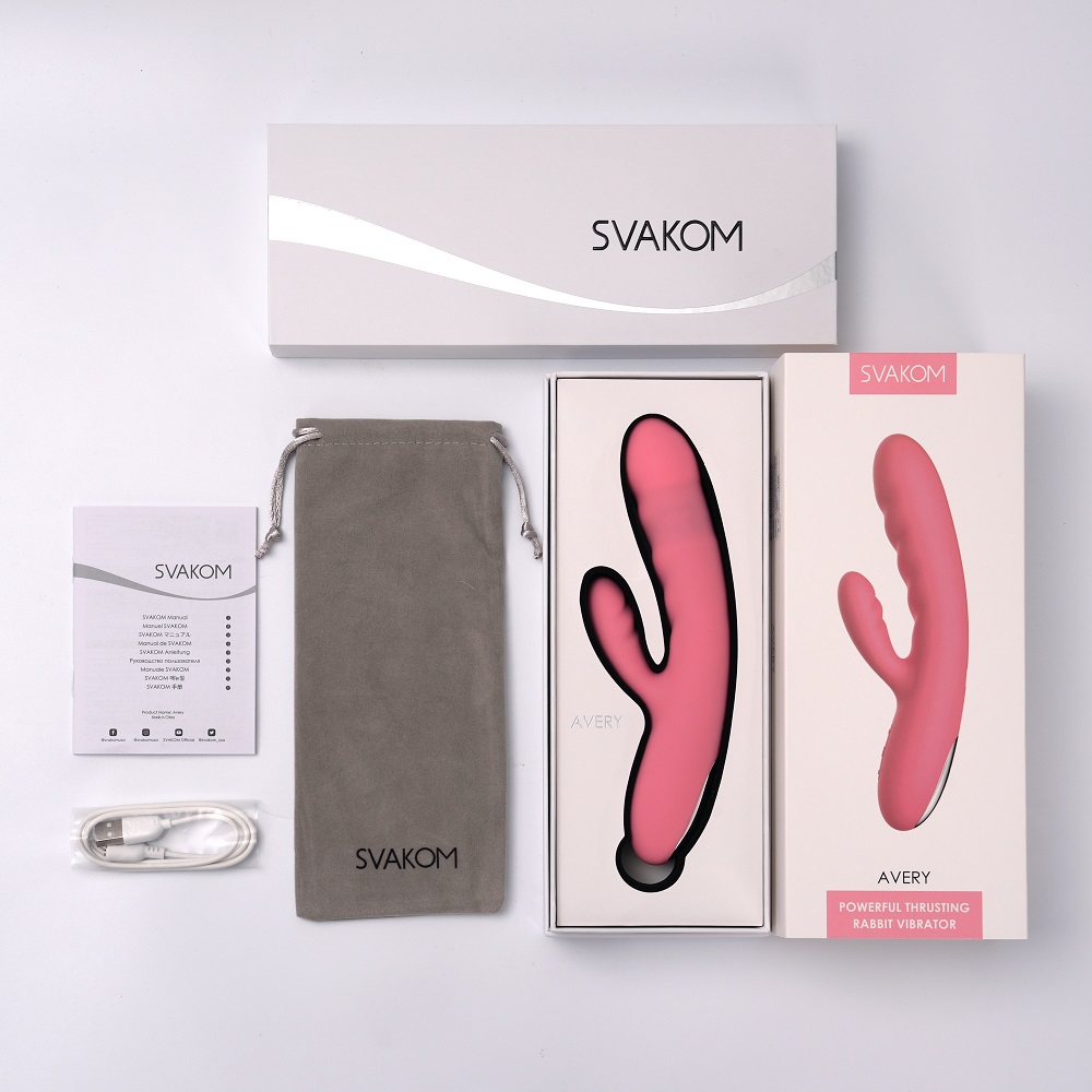 Svakom Avery Thrusting Vibrator with Clitoral Stimulator Pink, Pink rabbit-style vibrator with a thrusting shaft and a curve…