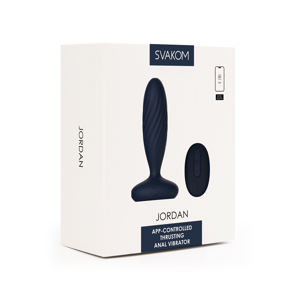 Svakom Jordan App-Controlled Thrusting Anal Vibrator, Slim anal vibrator with a rounded cushioned head and a wide flared base