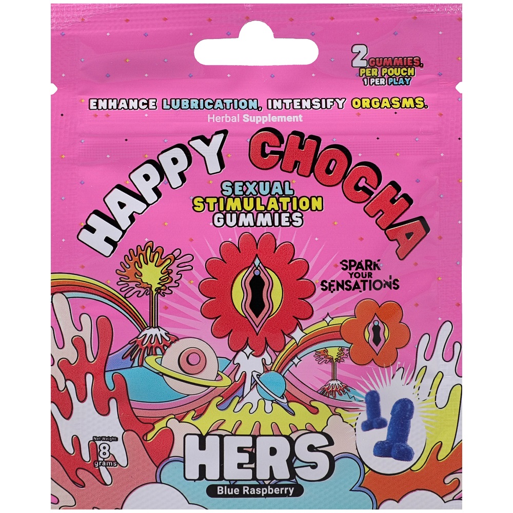 Happy Chocha (Hers) Sexual Stimulation Gummies (2 pack), Small flat pack holding two blue raspberry flavoured gummies for wo…