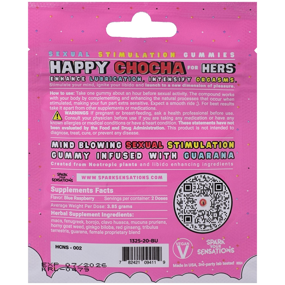 Happy Chocha (Hers) Sexual Stimulation Gummies (2 pack), Small flat pack holding two blue raspberry flavoured gummies for wo…